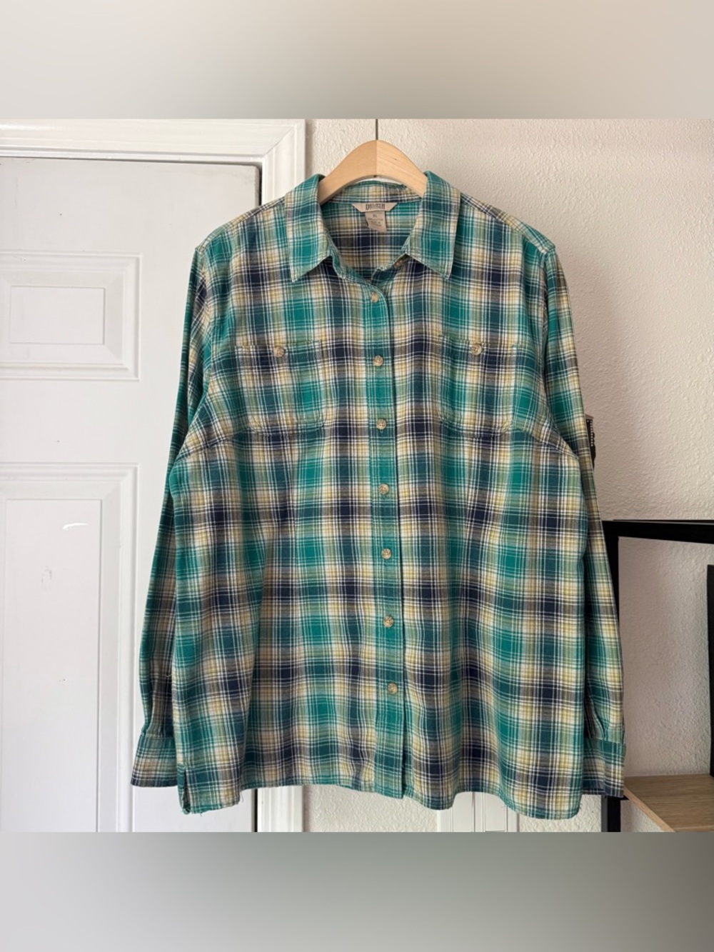 DULUTH TRADING CO green plaid cotton long sleeve‎ button up shirt